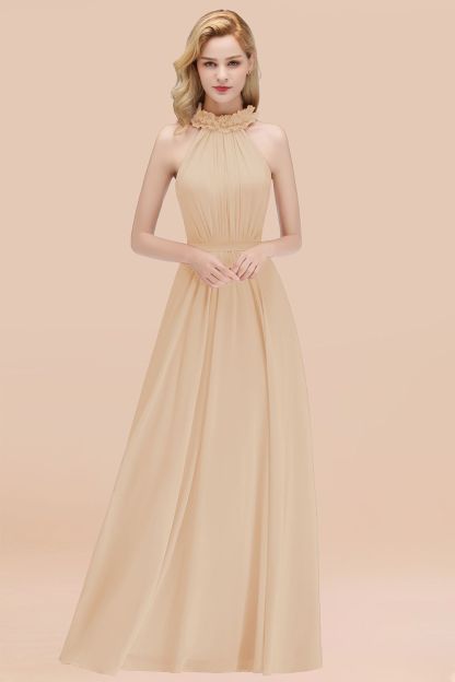 BMbridal Modest High-Neck Halter Ruffle Chiffon Bridesmaid Dresses Affordable-BMbridal
