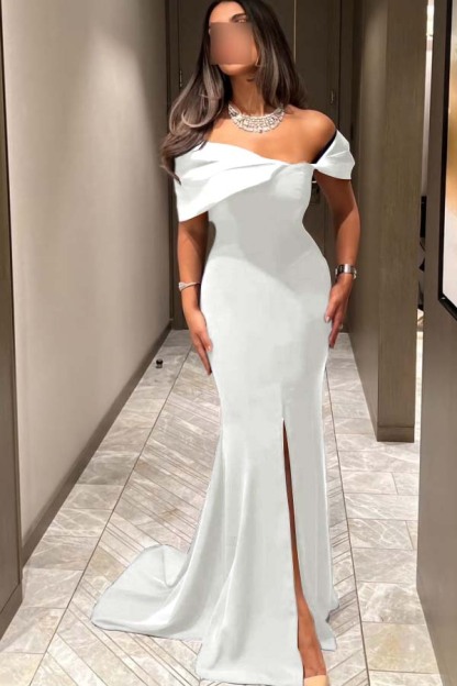 Off the Shoulder Sleeveless Long Mermaid Prom Dress With Pleated
