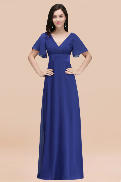 BMbridal Affordable V-Neck Ruffle Long Burgundy Bridesmaid Dress With Short-Sleeves-BMbridal