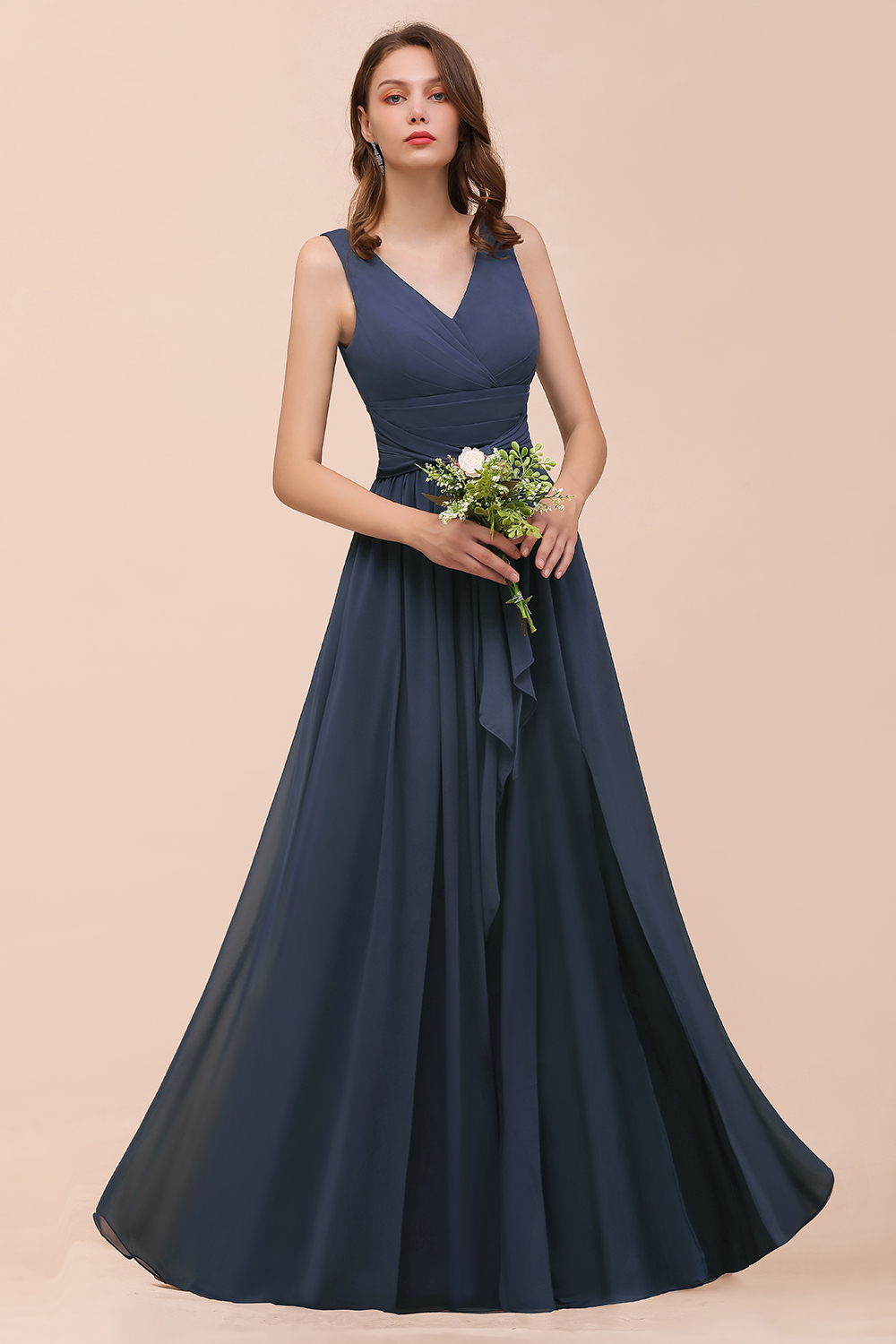BMbridal Affordable V-Neck Chiffon Long Stormy Bridesmaid Dress With Slit-BMbridal