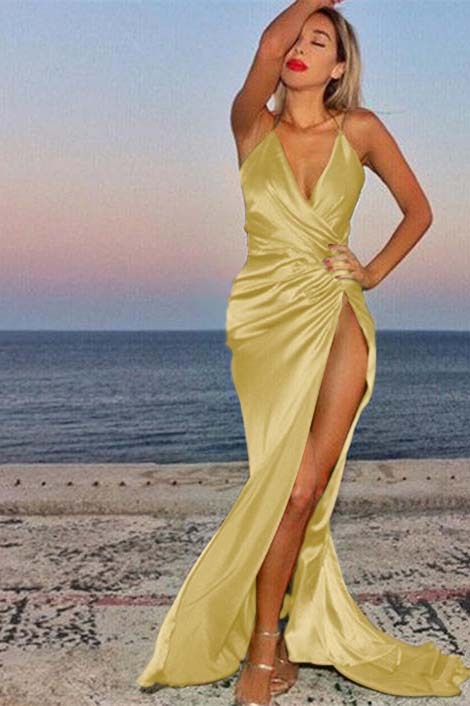 Green Deep V Neck Mermaid Prom Dress Pleated Sleeveless With High Split