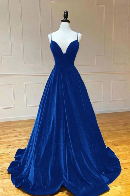 Spaghetti Strap V Neck Sleeveless Long Prom Dress With Pleated