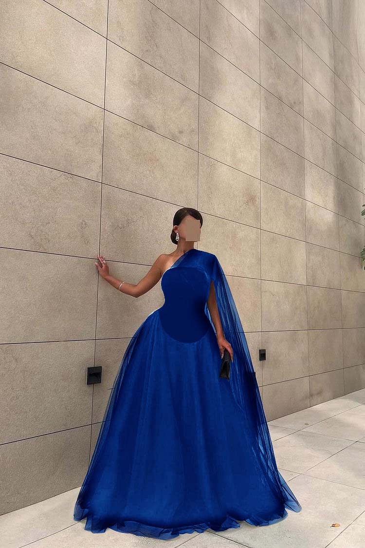 Chic Black Tulle One Shoulder Sleeveless Ball Gown Long Prom Dress