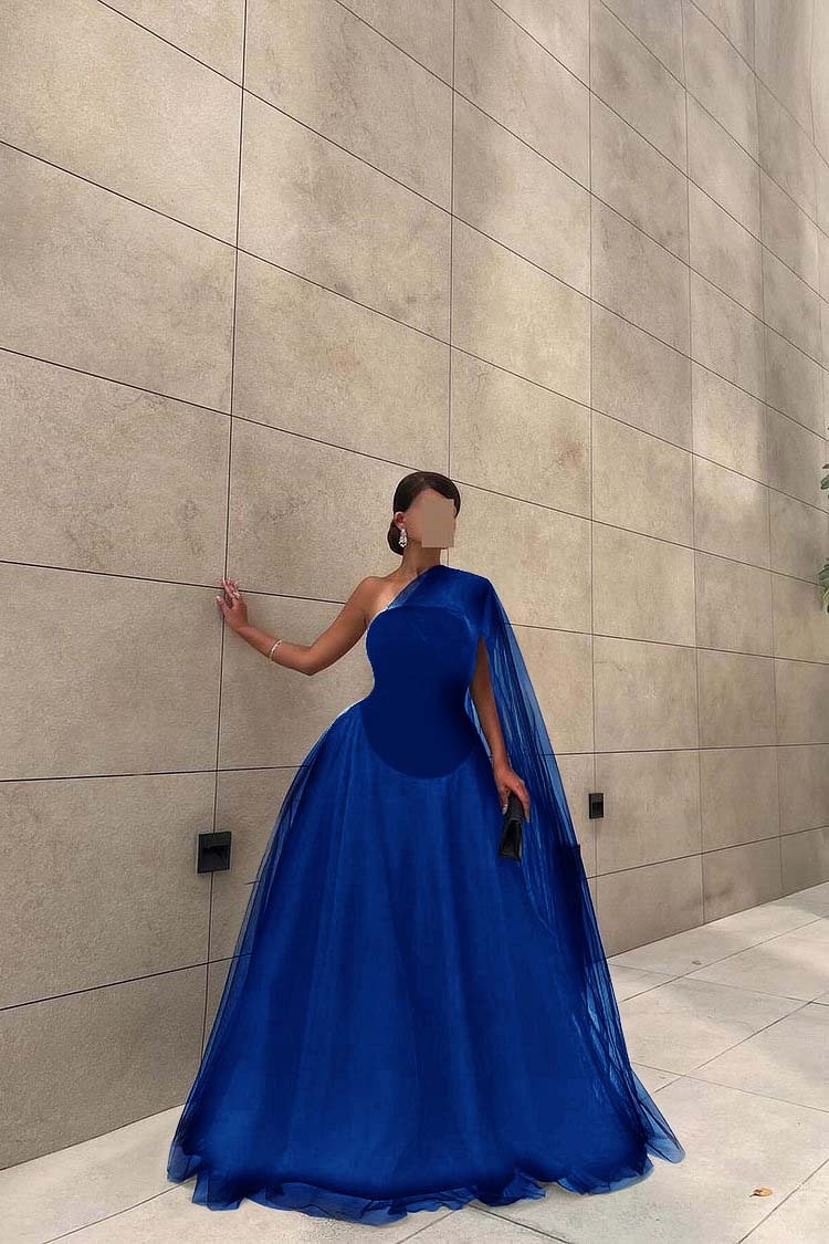 Chic Black Tulle One Shoulder Sleeveless Ball Gown Long Prom Dress