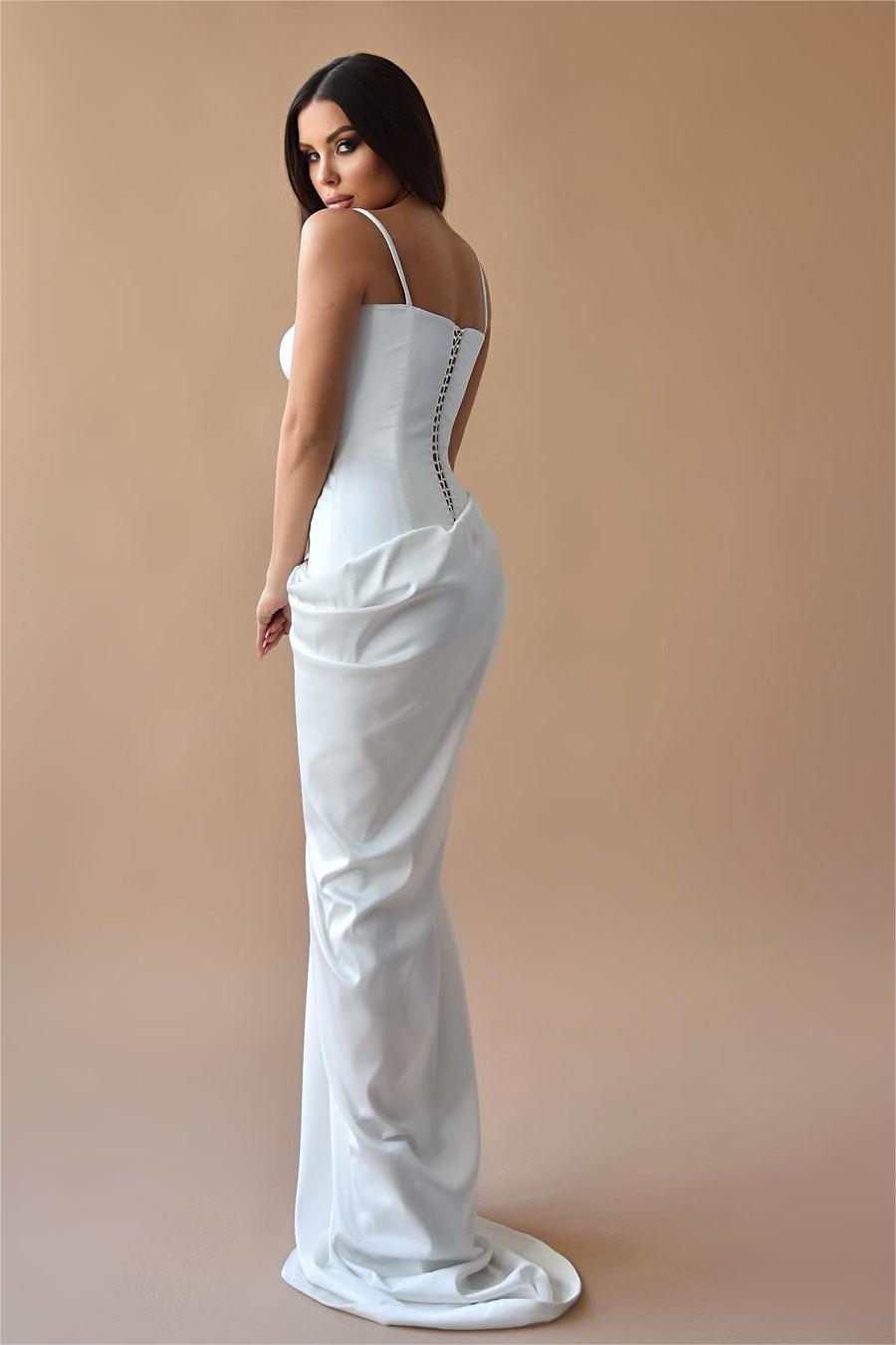 Simple White Spaghetti Strap Sleeveless Pleated Long Prom Dress With Split