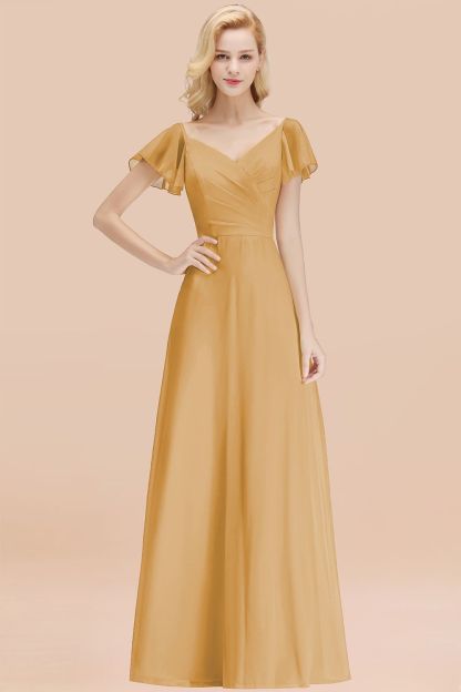 BMbridal Elegent Short-Sleeve Long Bridesmaid Dress Online Yellow Chiffon Wedding Party Dress-BMbridal