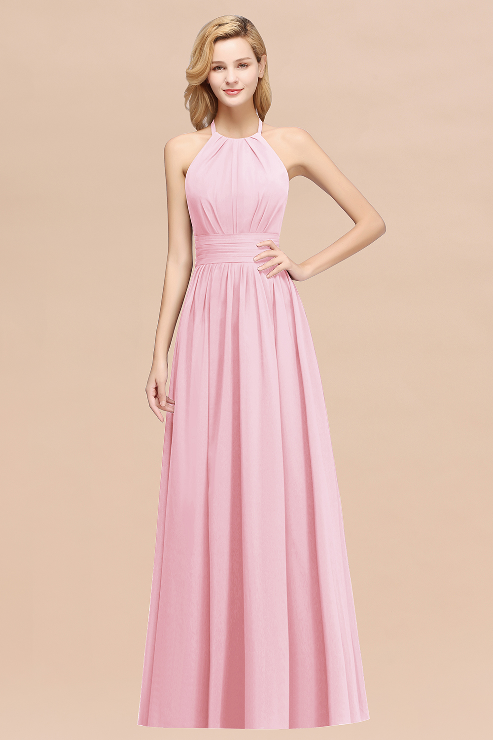 BMbridal Elegant High-Neck Halter Long Affordable Bridesmaid Dresses with Ruffles-BMbridal
