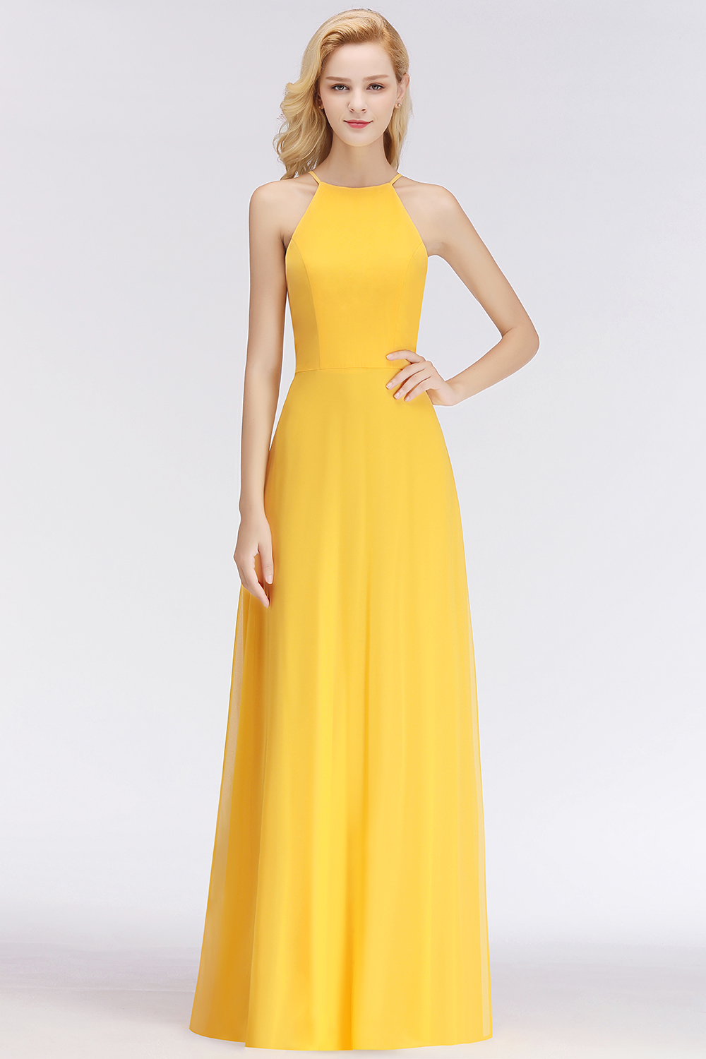 BMbridal Modest High-Neck Yellow Chiffon Affordable Bridesmaid Dresses Online-BMbridal