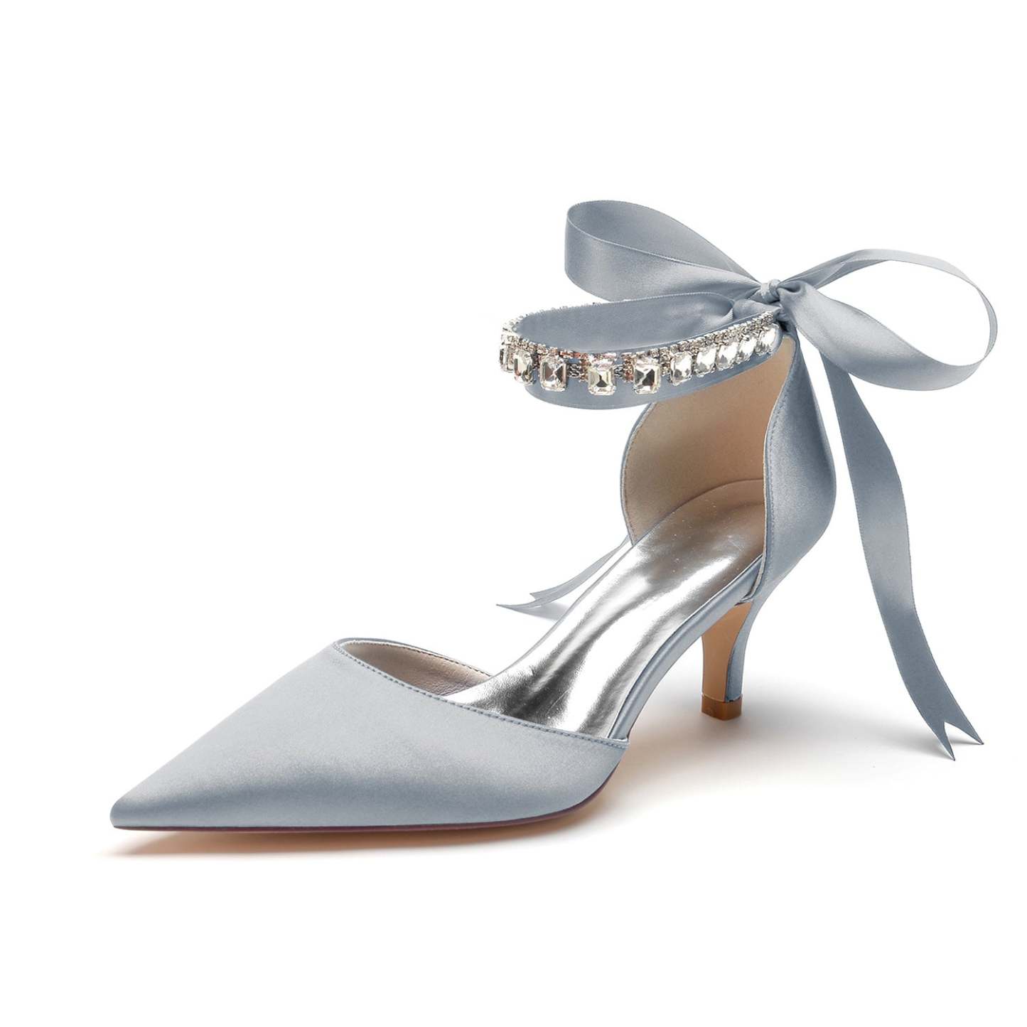 Bridal Shoes for Women with Rhinestone Bow Buckle Pointed Toe and Mid Heel