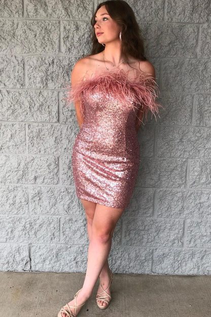 Purple Sparkly Tight Sequins Homecoming Dress with Feathers