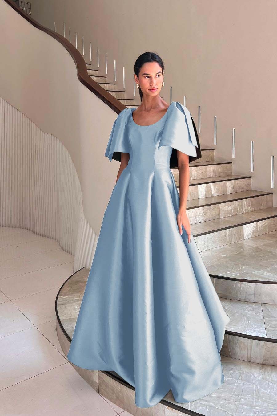 Jewel Neck Short Sleeves Long A Line Prom Dress With Pleated