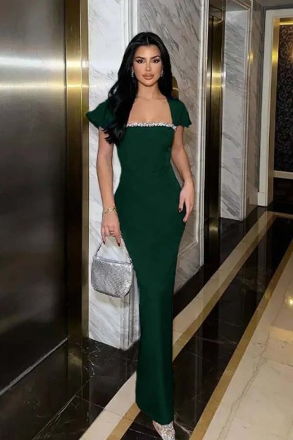 Sleeveless Square Neck Long Mermaid Prom Dress With Pleated Beading