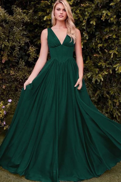 Straps V Neck Sleeveless Long A Line Prom Dress With Pleated