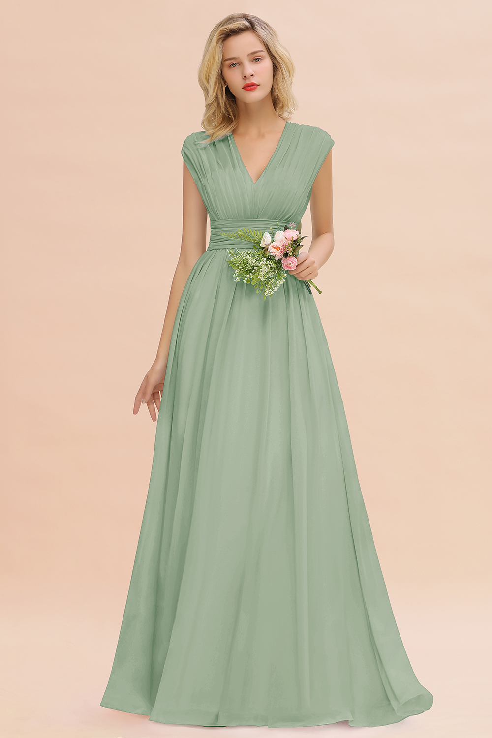 BMbridal Elegant Chiffon V-Neck Ruffle Long Bridesmaid Dresses Affordable-BMbridal