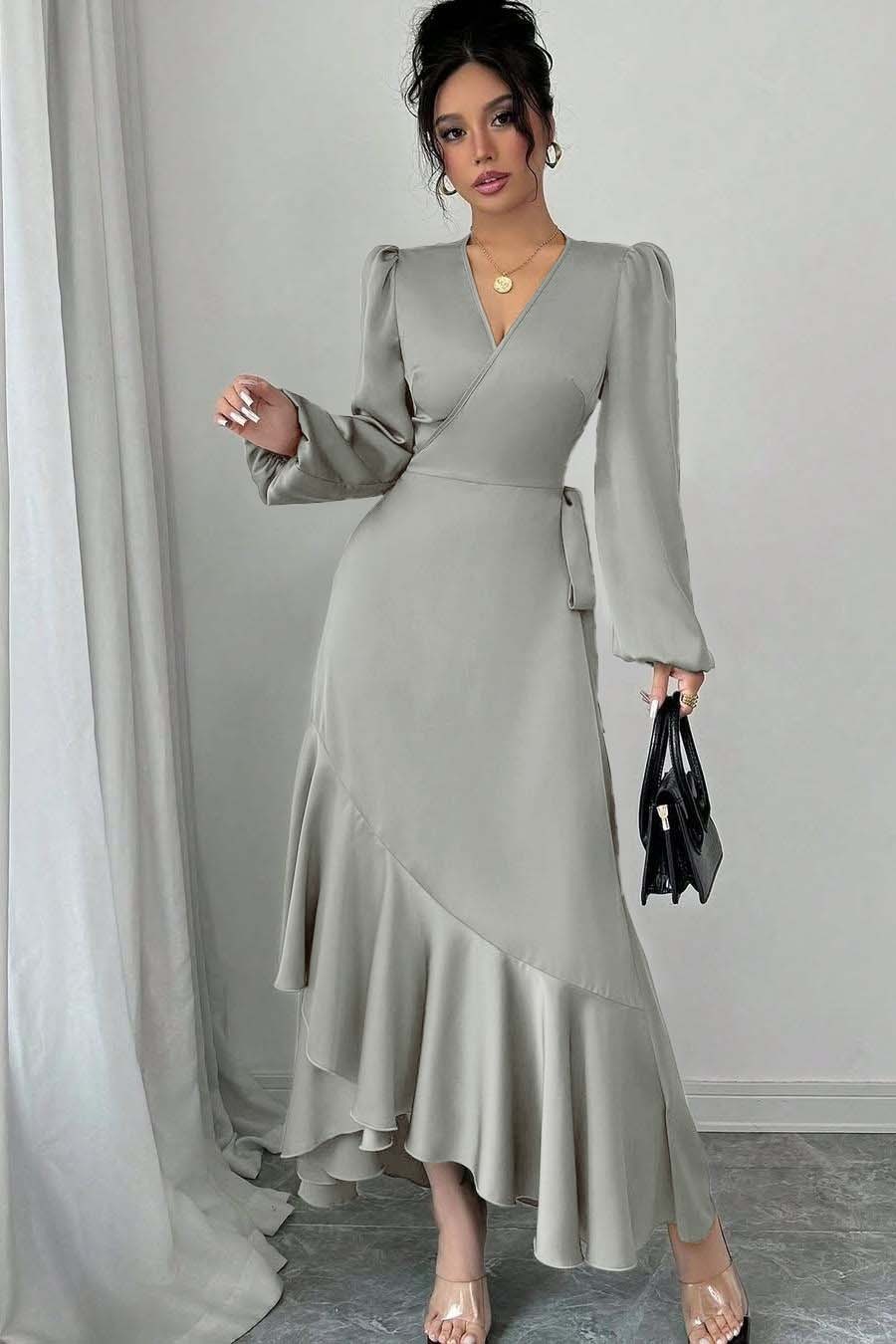 Shinning Long Sleeves V Neck Long Prom Dress With Ruffles Pleated