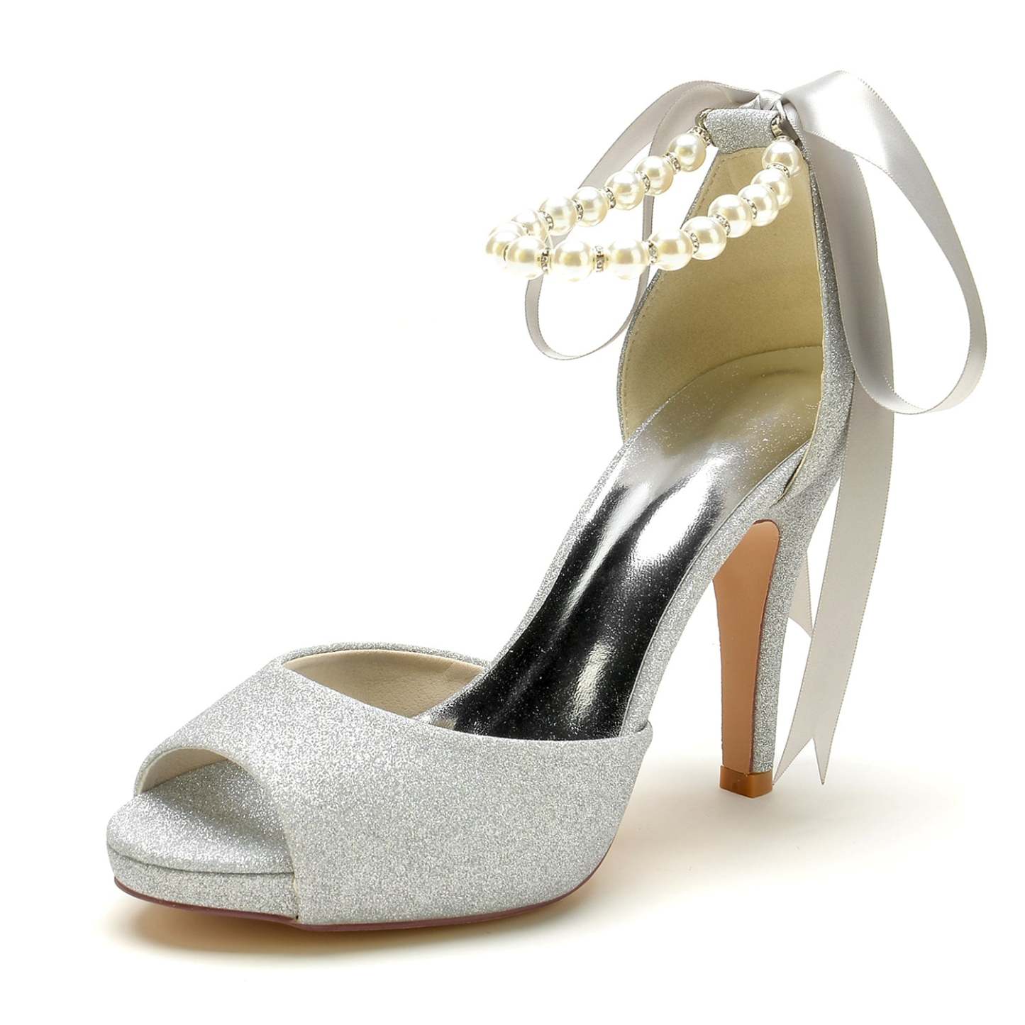 Bridal Shoes for Women with Glitter Bow and Pearl Buckle Peep Toe High Heels