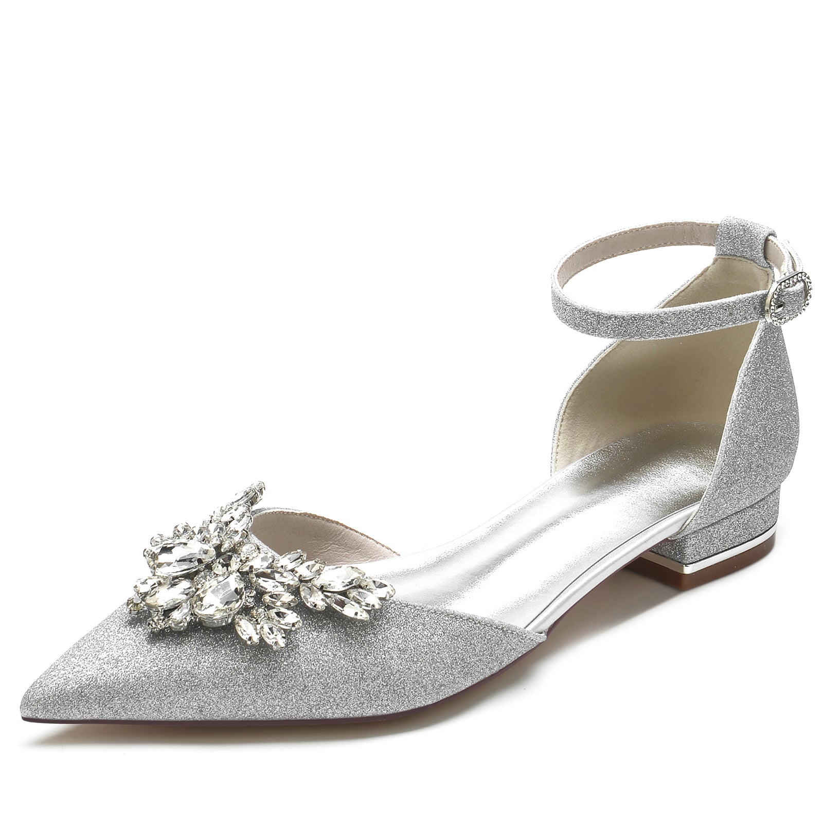Bridal Shoes for Women with Glitter Rhinestones Low Pointed Toe and Ankle Strap