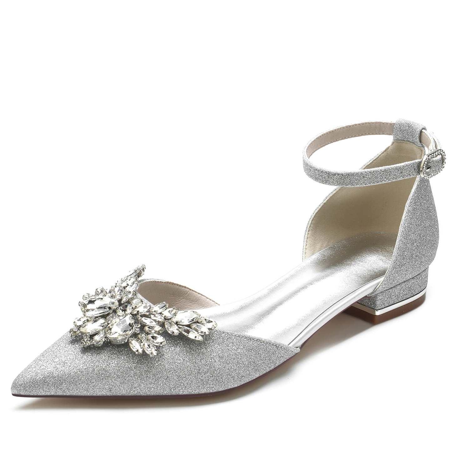 Bridal Shoes for Women with Glitter Rhinestones Low Pointed Toe and Ankle Strap