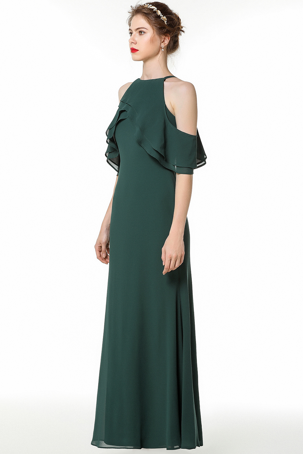 BMbridal Affordable Cold-shoulder Ruffle Dark Green Bridesmaid Dresses Online-BMbridal