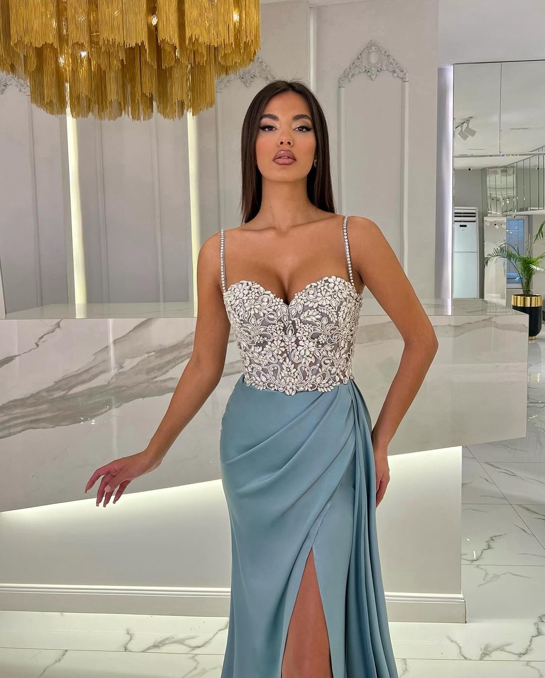 Prom Dress Baby Blue With High Slit Spaghetti Strap Sweetheart Appliques