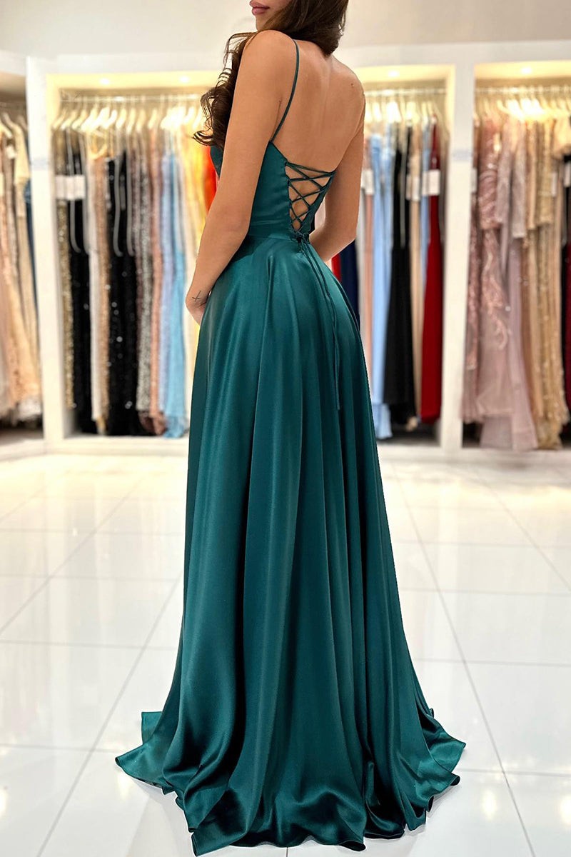 Spaghetti Strap Split Simple Long Prom Dress Green A Line