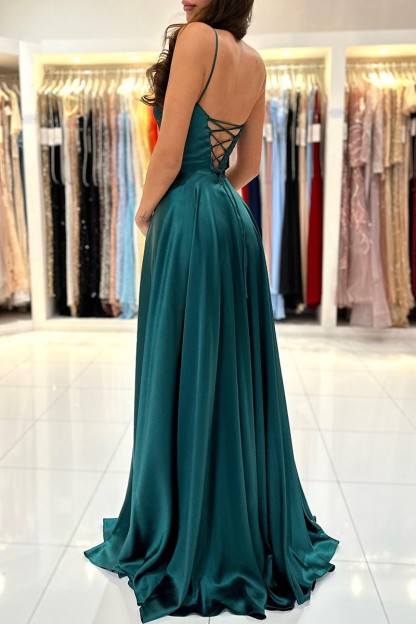 Spaghetti Strap Split Simple Long Prom Dress Green A Line