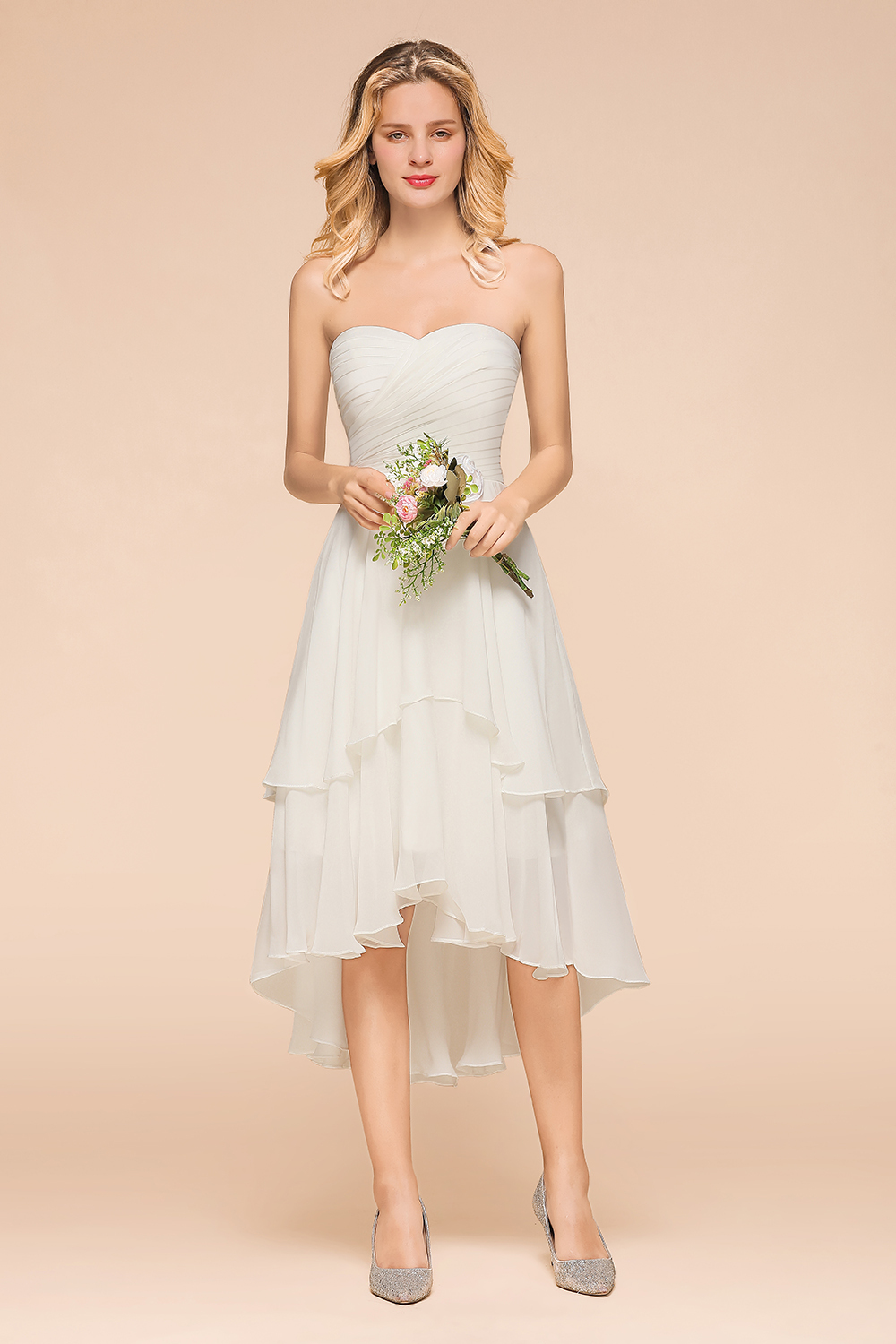 BMbridal Affordable Hi-Lo Layer Ruffle Ivory Short Bridesmaid Dress with Flower-BMbridal