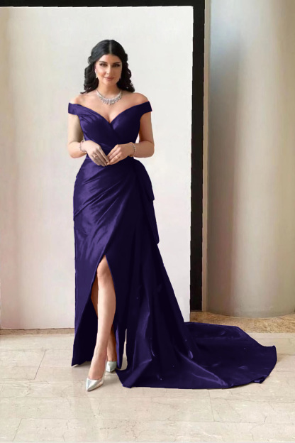 Amazing Fuchsia Off the Shoulder V Neck Split Prom Dress With Pleated