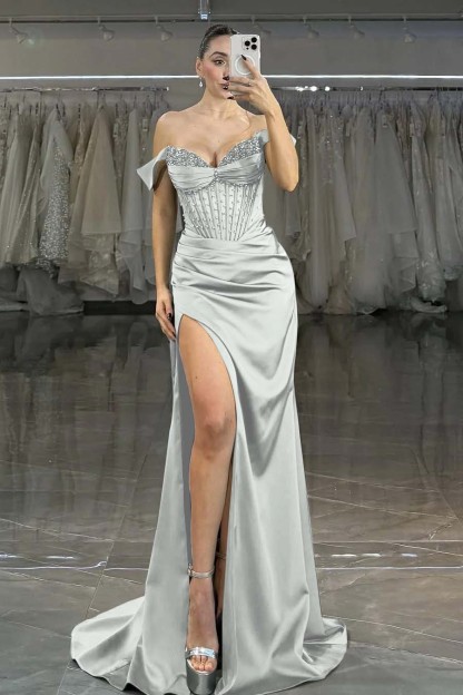 Off the Shoulder Strapless Sleeveless Long Mermaid Prom Dress With Split