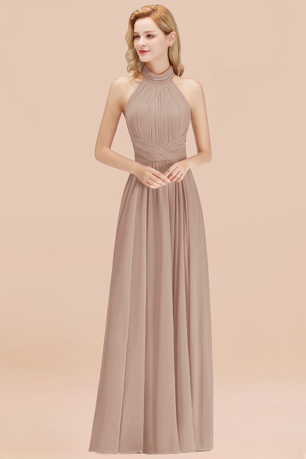 BMbridal Gorgeous High-Neck Halter Backless Bridesmaid Dress Dusty Rose Chiffon Maid of Honor Dress-BMbridal