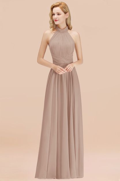 BMbridal Gorgeous High-Neck Halter Backless Bridesmaid Dress Dusty Rose Chiffon Maid of Honor Dress-BMbridal
