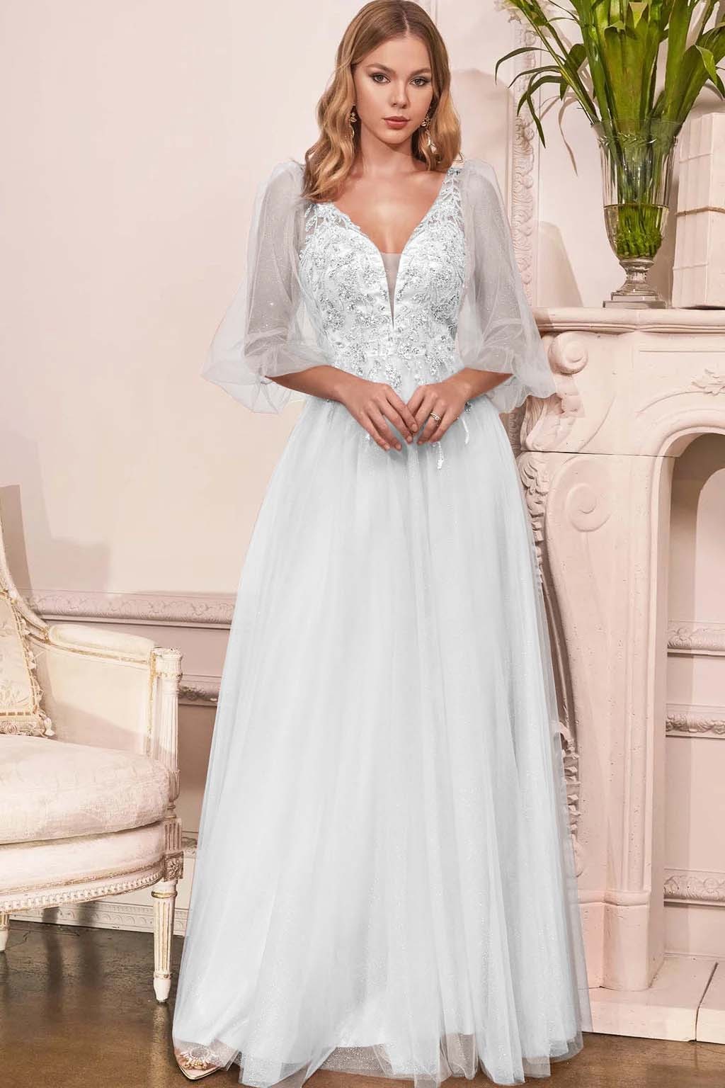 Charming Tulle V Neck Sleeveless Long Prom Dress With Appliques