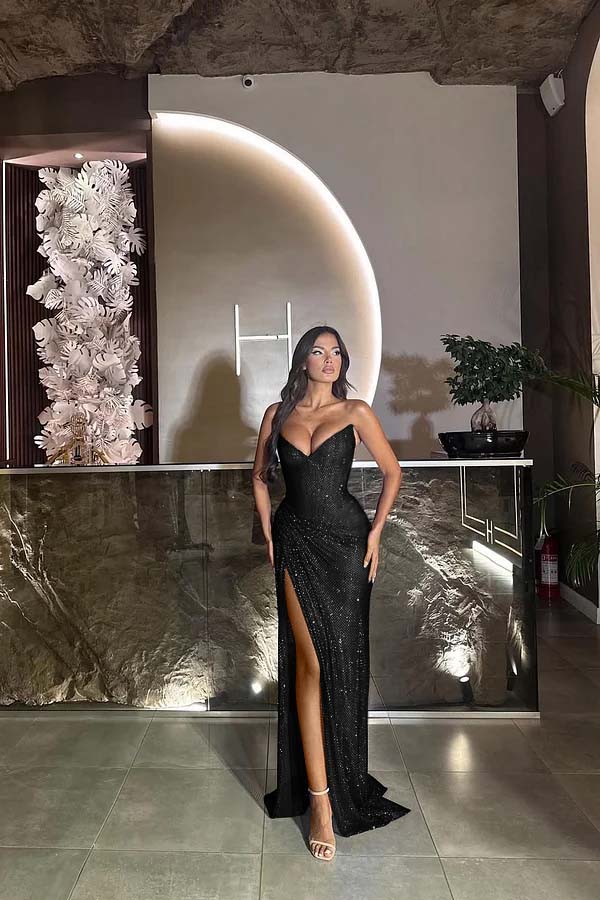 Sequin Strapless Sleeveless Long Split Prom Dress With Pleated