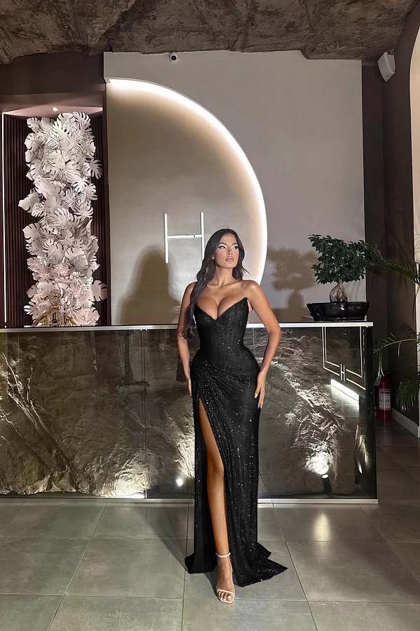 Sequin Strapless Sleeveless Long Split Prom Dress With Pleated