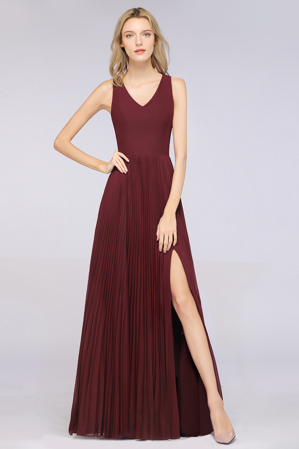BMbridal Glamorous Chiffon V-Neck Ruffle Burgundy Bridesmaid Dresses Affordable-BMbridal