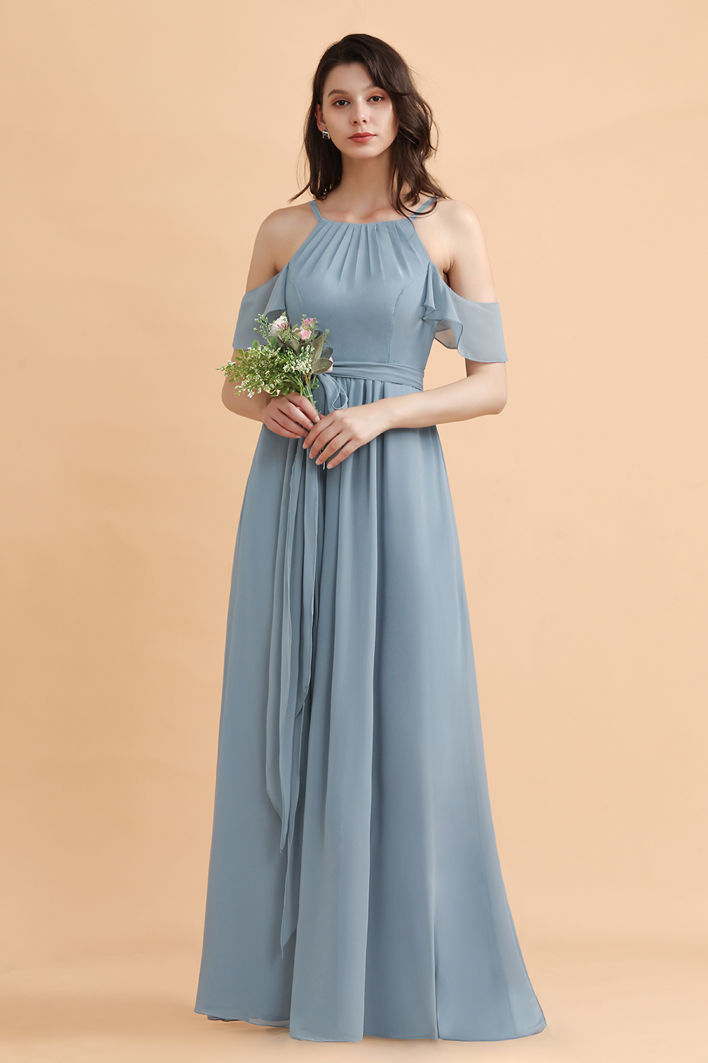 BMbridal Stylish Cold-Shoulder Ruffles Chiffon Bowknot Bridesmaid Dress with Pockets On Sale-BMbridal