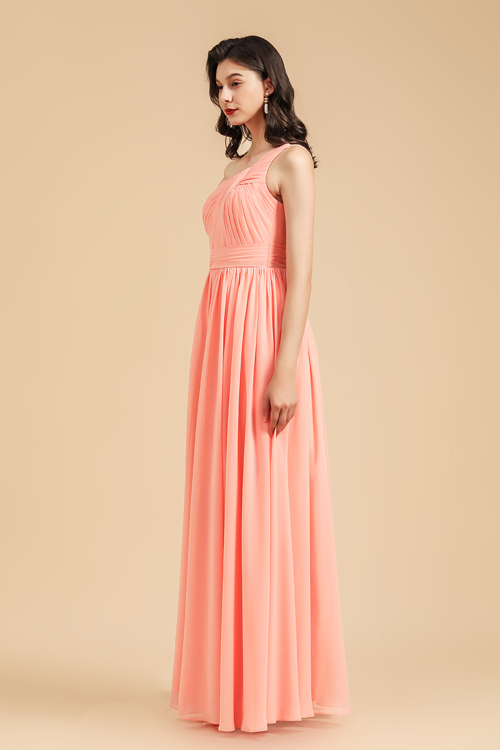 Elegant A-line One Shoulder Coral Chiffon Long Bridesmaid Dress-BMbridal