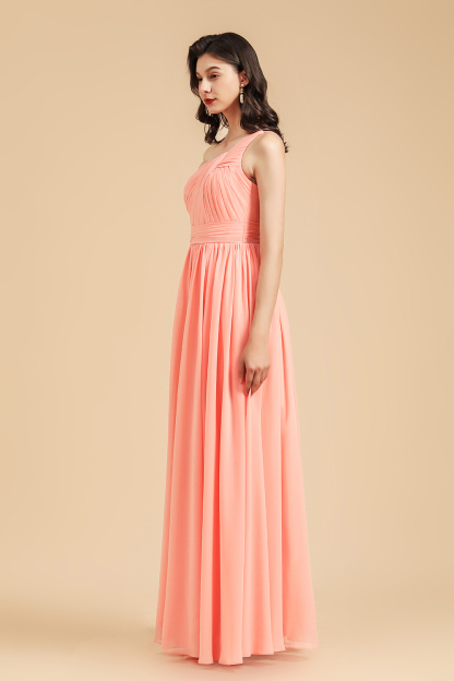 Elegant A-line One Shoulder Coral Chiffon Long Bridesmaid Dress-BMbridal