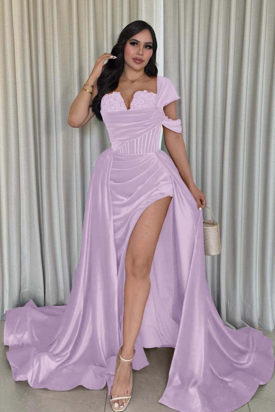 One Shoulder Sleeveless Long Mermaid Prom Dress With Split Pleated