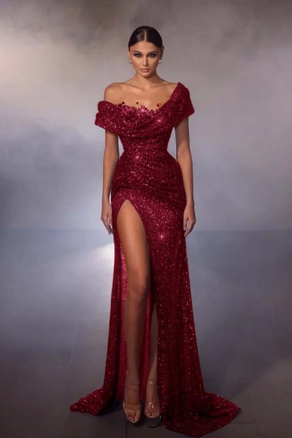 Off the Shoulder Sleeveless Long Split Prom Dress With Beading