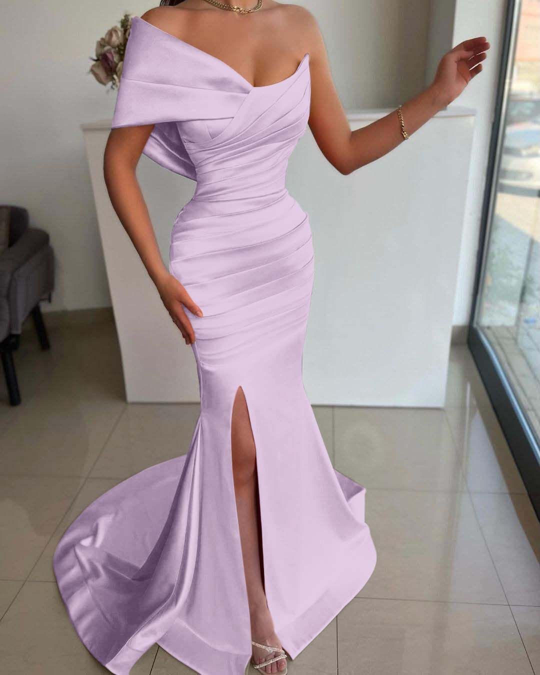 One Shoulder Sleeveless Split Mermaid Long Prom Dress With Pleated