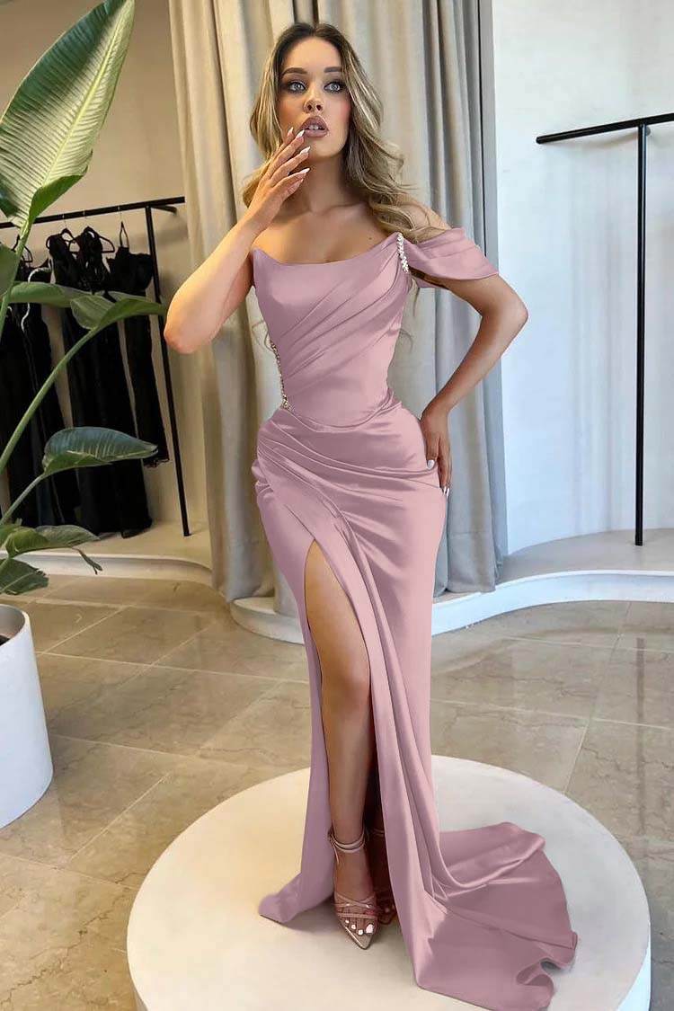 Strapless One Shoulder Long Mermaid Prom Dress With Split Beading