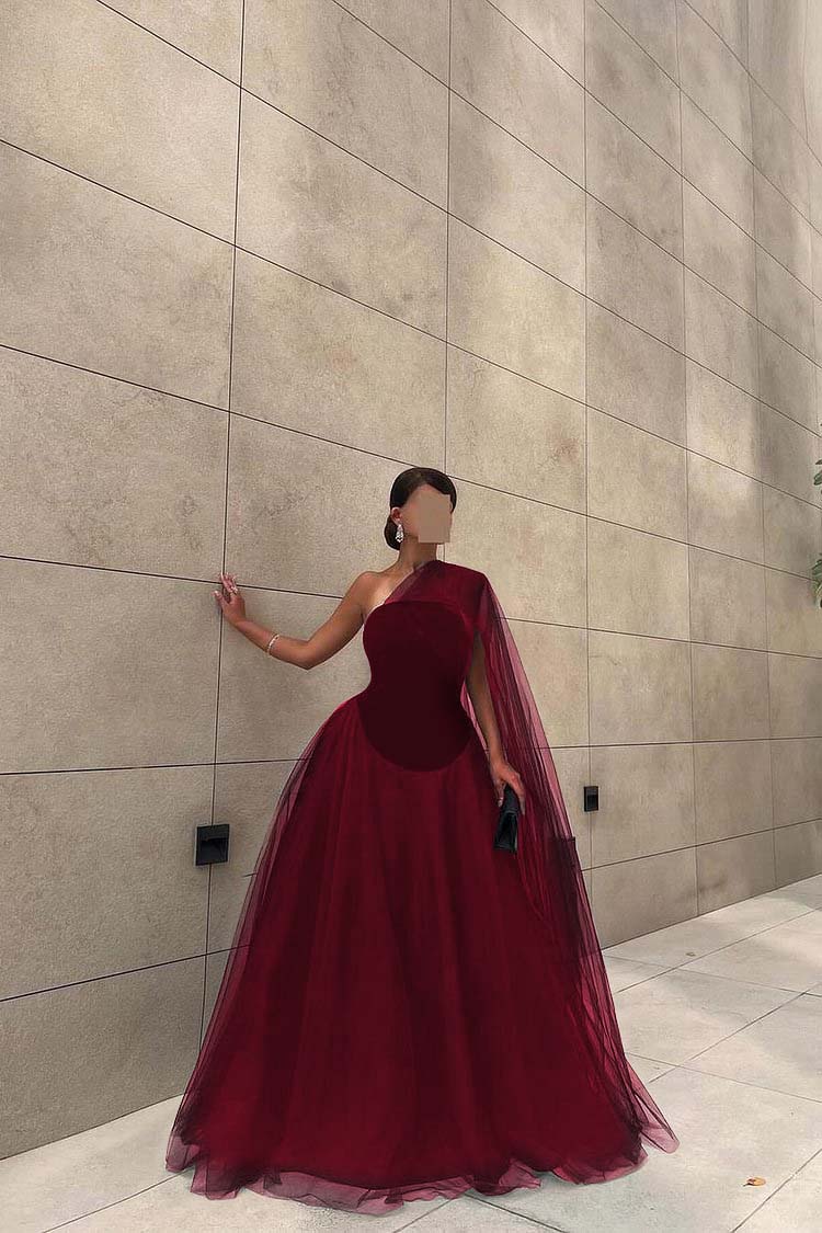 Chic Black Tulle One Shoulder Sleeveless Ball Gown Long Prom Dress