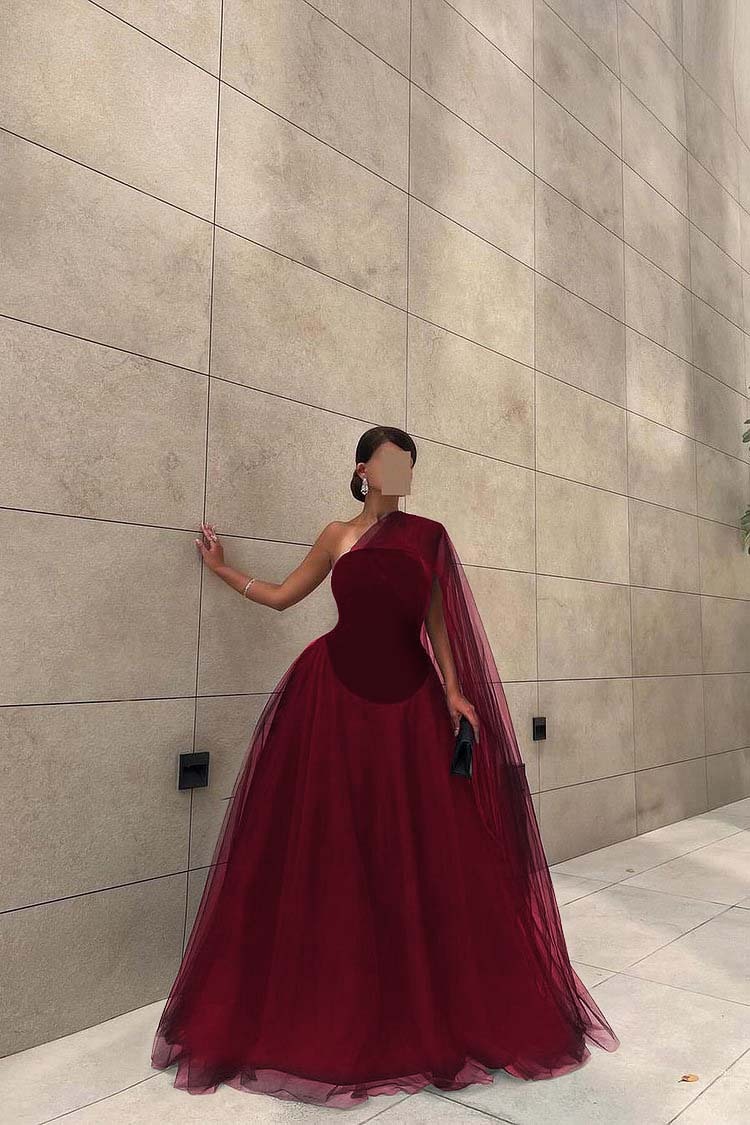 Chic Black Tulle One Shoulder Sleeveless Ball Gown Long Prom Dress