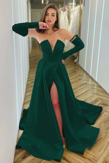 Chic White A Line V Neck Long Sleeves High Waist Long Prom Dress With Split