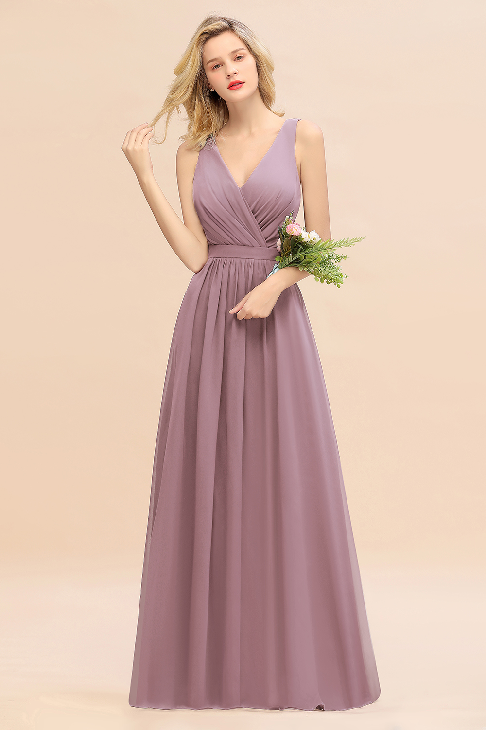 BMbridal Affordable V-Neck Ruffle Long Grape Chiffon Bridesmaid Dress with Bow-BMbridal
