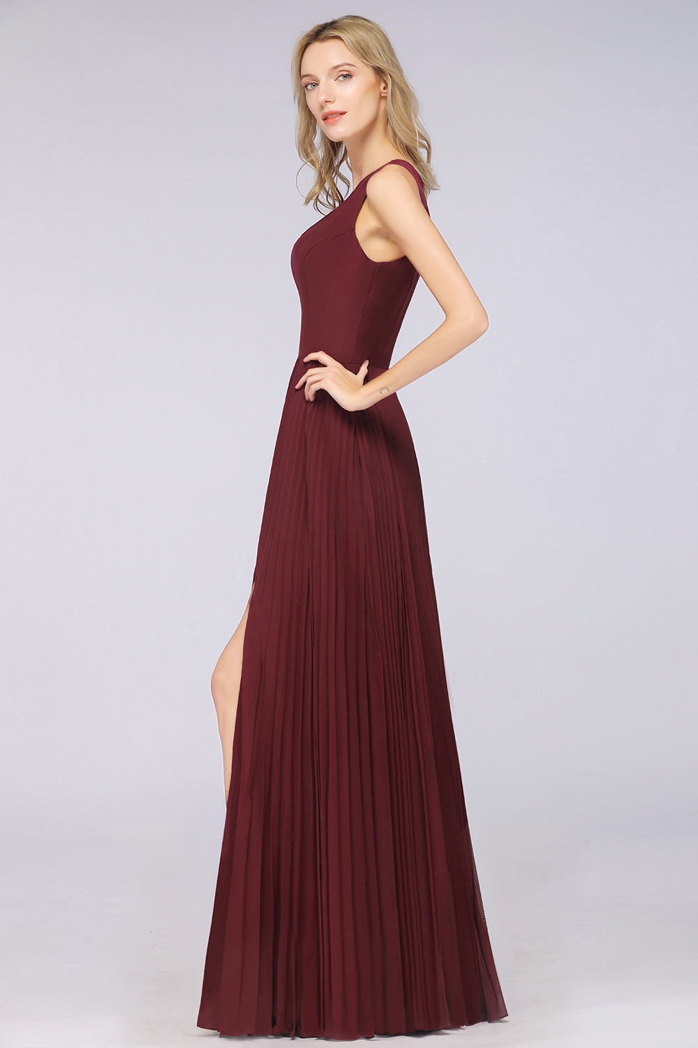 BMbridal Glamorous Chiffon V-Neck Ruffle Burgundy Bridesmaid Dresses Affordable-BMbridal