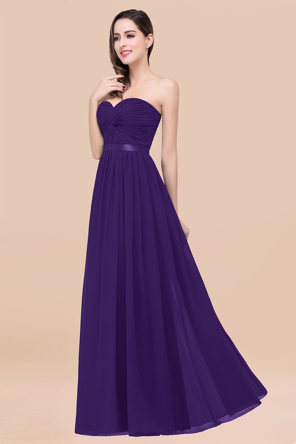 BMbridal Affordable Sweetheart Ruffle Navy Chiffon Bridesmaid Dress With Ribbon-BMbridal