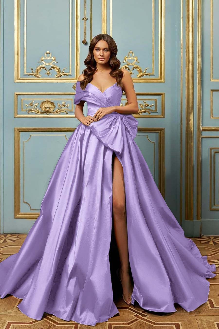 One Shoulder Sleeveless Long Split Prom Dress With Pleated Bowknot