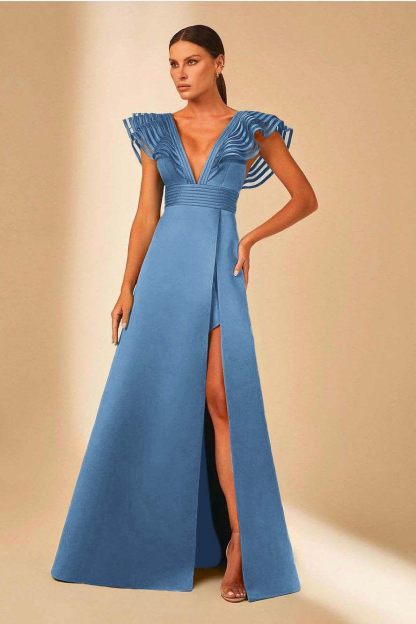 Deep V Neck Sleeveless A Line Long Prom Dress With Front Split